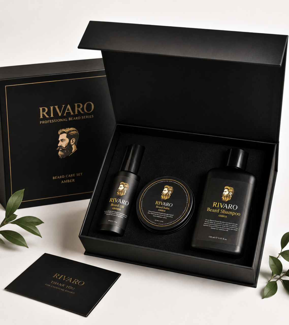 RIVARO Beard Care Set – Beard Oil + Beard Balm + Beard Shampoo Amber